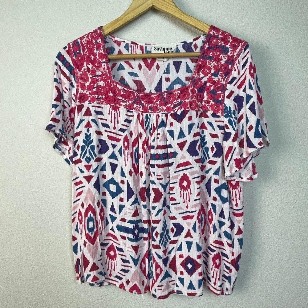 Savanna Jane Womens M Embroidered Tunic Top Geometric Boho Festival Short Sleeve